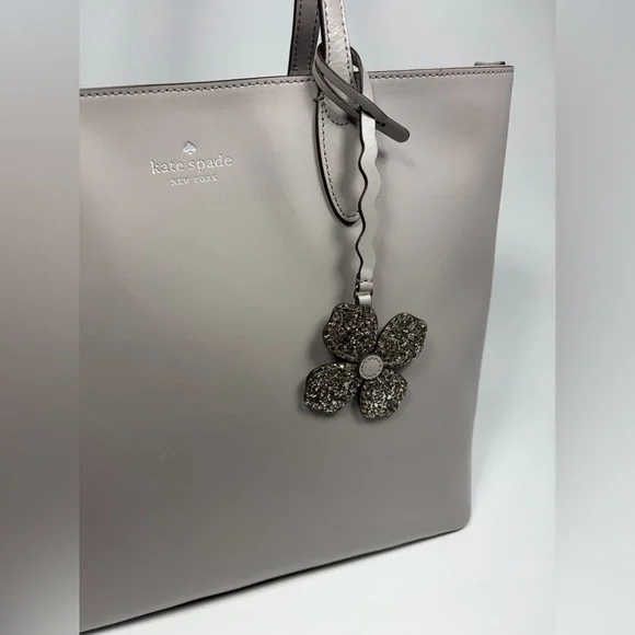 Kate Spade New York Large Leather Tote Bag Gray Pebbled Shoulder Purse 2/Flower - Picture 8 of 12